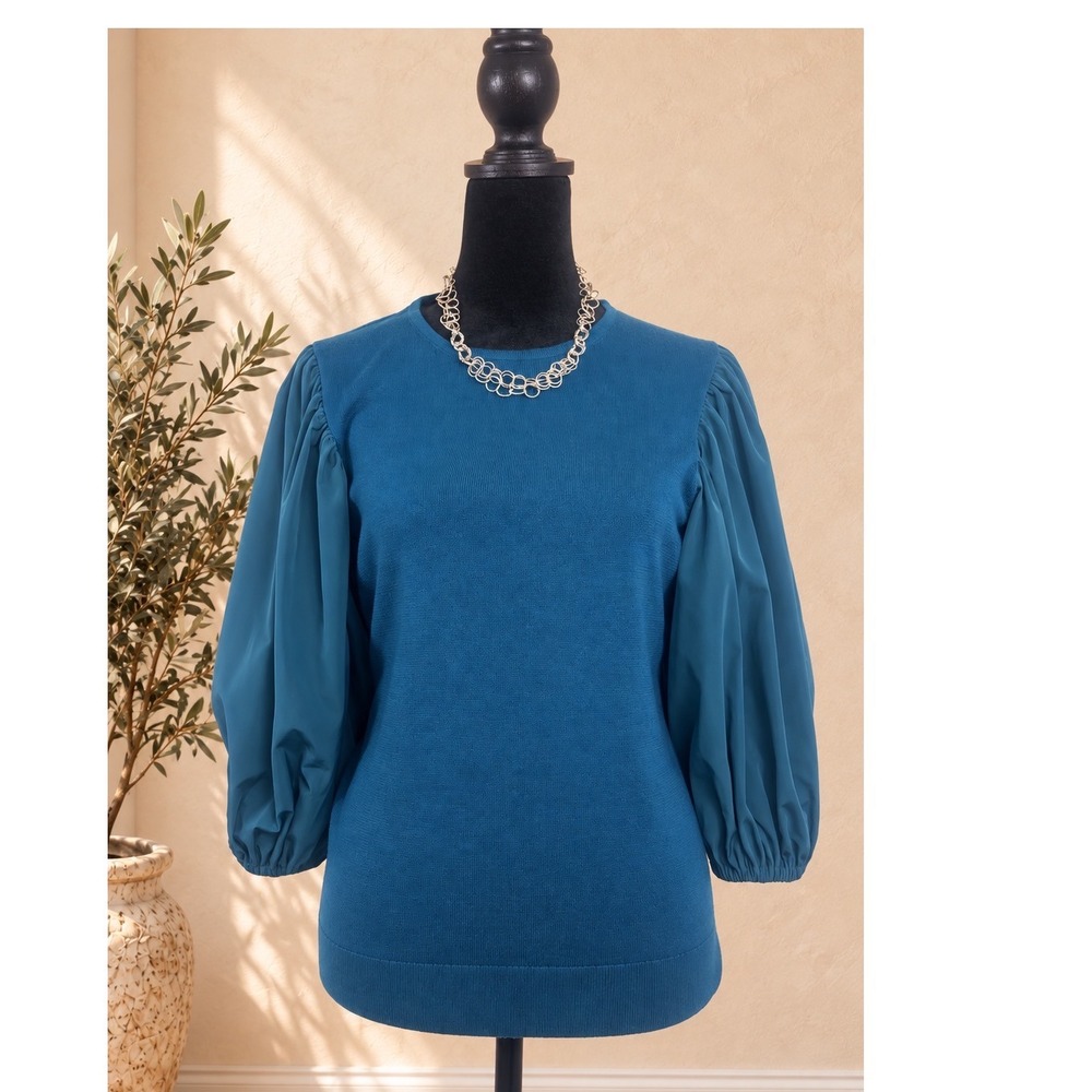 Trina Turk Teal Merino Wool Puff Sleeve Sweater Size M  Mixed Media